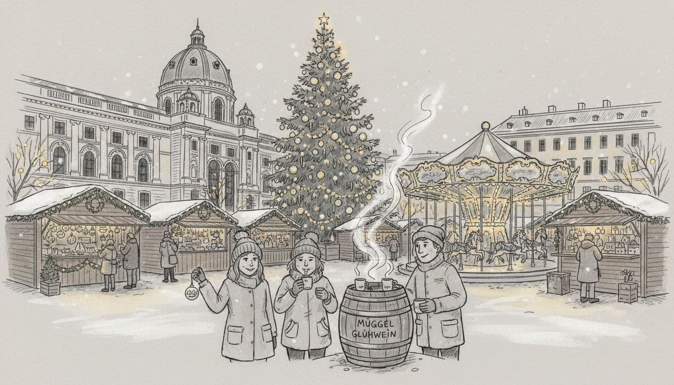 Cozy hand-drawn graphite sketch of Vienna's Christmas market in a snowy square, with wooden stalls selling ornaments and mulled wine, central tree and carousel, twinkling evening lights, and exactly three people browsing.