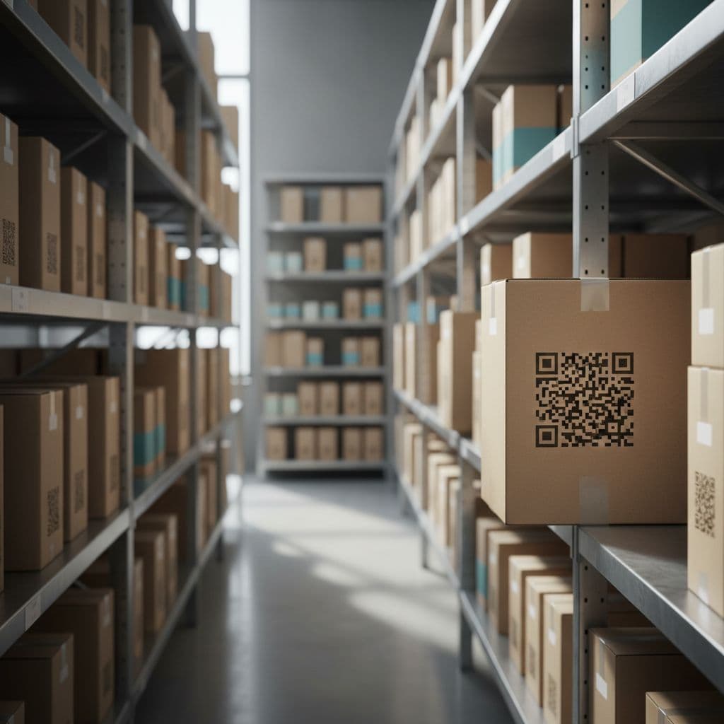 A close-up view of a cardboard box on a warehouse shelf featuring a unique data matrix code.