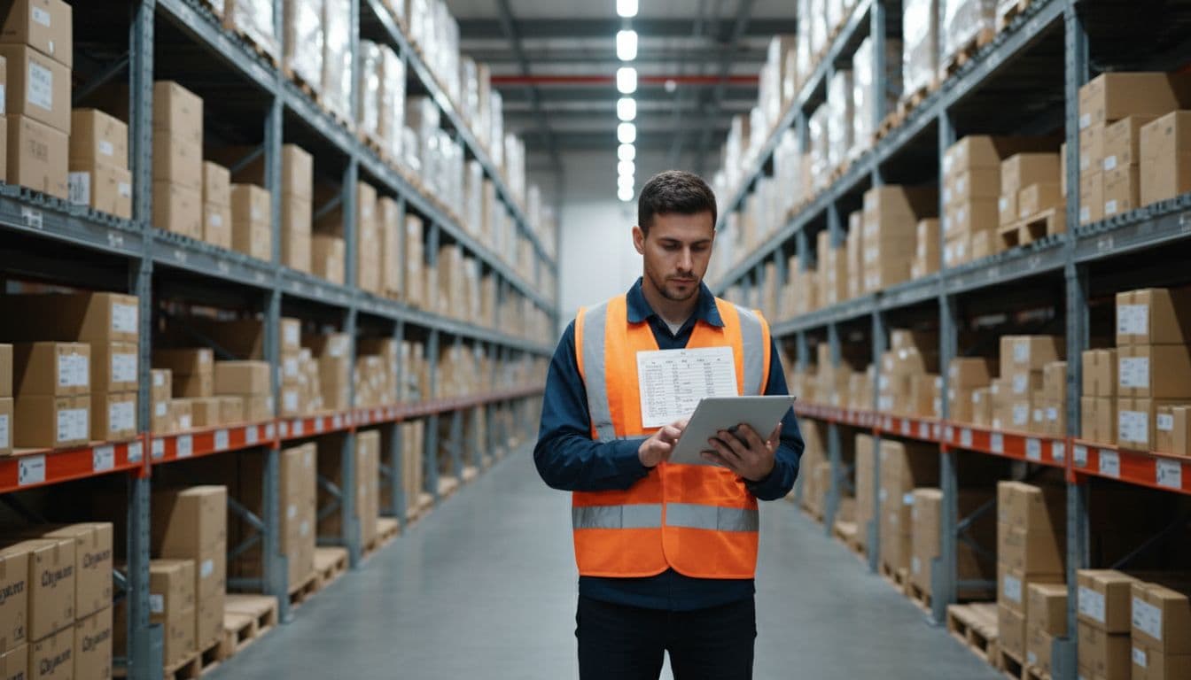 Best Amazon FBA Inventory Management Tools in 2026 A single warehouse worker in a safety vest holds a tablet in a relaxed pose, scanning inventory on organized shelves filled with product boxes in an industrial fulfillment center under overhead fluorescent lighting.