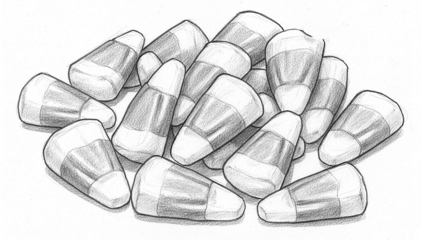 A pile of orange, yellow, and white candy corn pieces scattered on a table, depicted in a cohesive hand-drawn graphite sketch emphasizing their waxy texture, pointed tips, and uneven glossy shapes.