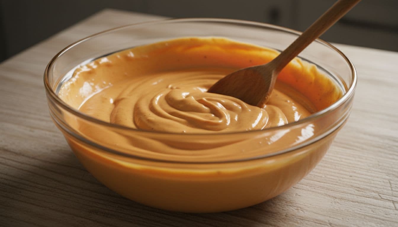 Glass mixing bowl filled with creamy orange homemade Chick-fil-A sauce and a wooden spoon resting inside after whisking, placed on a light wooden kitchen counter with a soft blurred background.