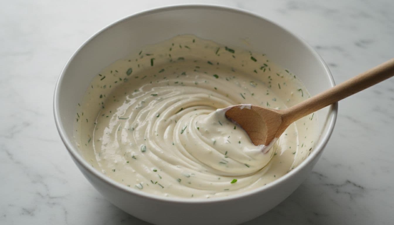 White mixing bowl of creamy ranch dressing whisked by wooden spoon on marble countertop.