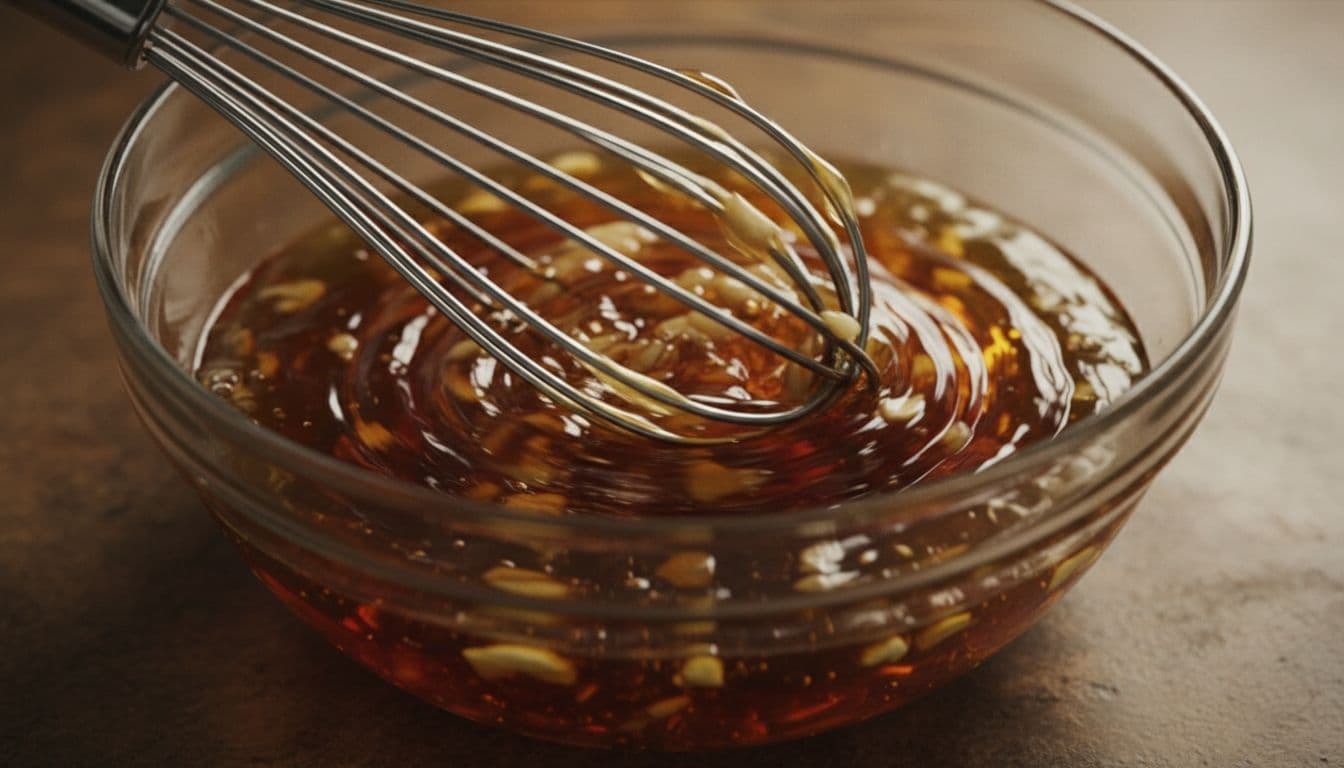 A metal whisk blends honey, soy sauce, and minced garlic inside a clear glass bowl.