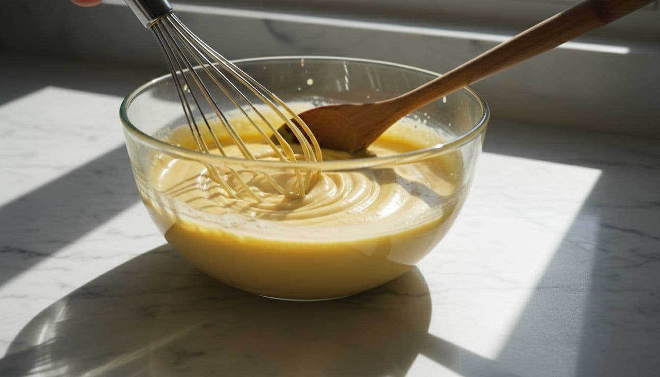 A glass mixing bowl filled with creamy yellow honey mustard sauce is being stirred by a metal whisk, with a wooden spoon resting on the edge, on a marble kitchen counter. Side angle close-up focusing on smooth texture and mixing bubbles.