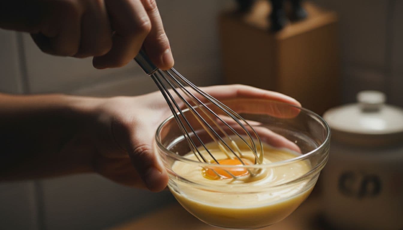 Hand holds metal whisk mixing olive oil and egg yolk in small glass bowl.