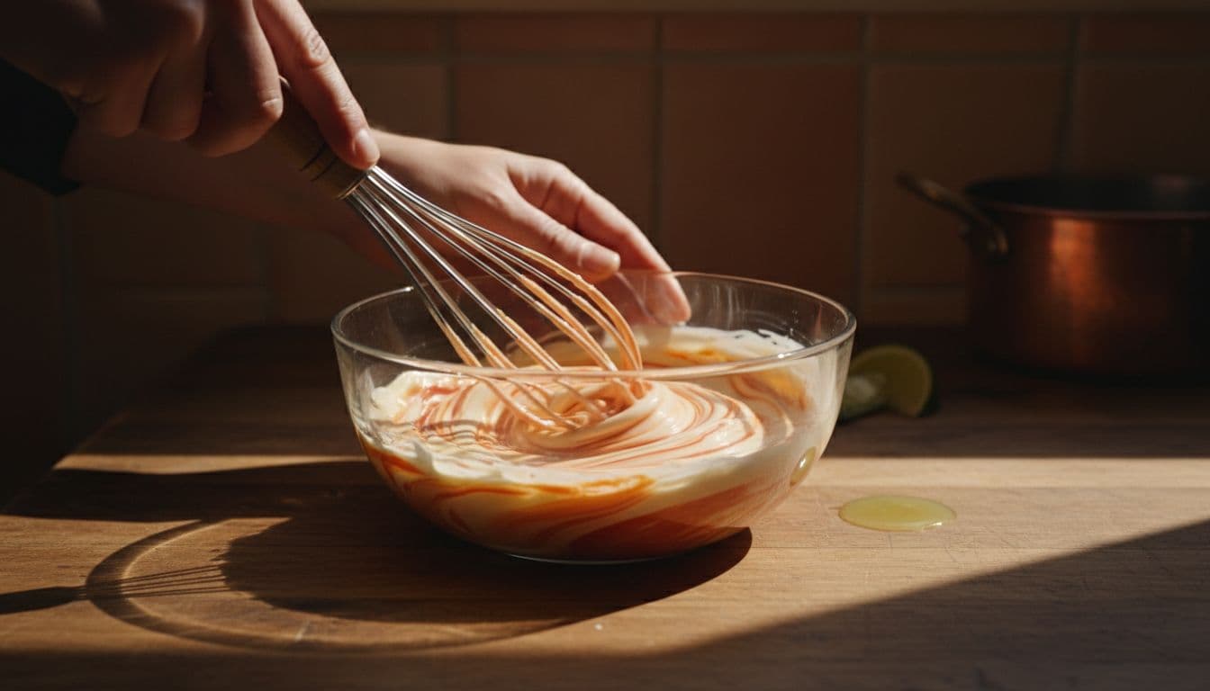 Two hands whisk creamy mayonnaise and red sriracha in a glass bowl on kitchen counter, lime juice visible.