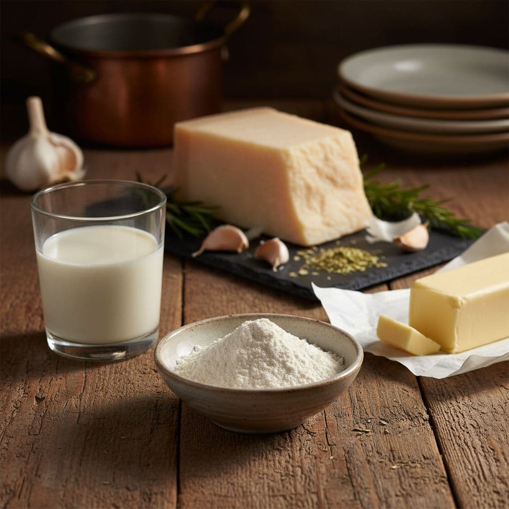 Flour, butter, milk, parmesan, and garlic sit on a rustic kitchen counter.