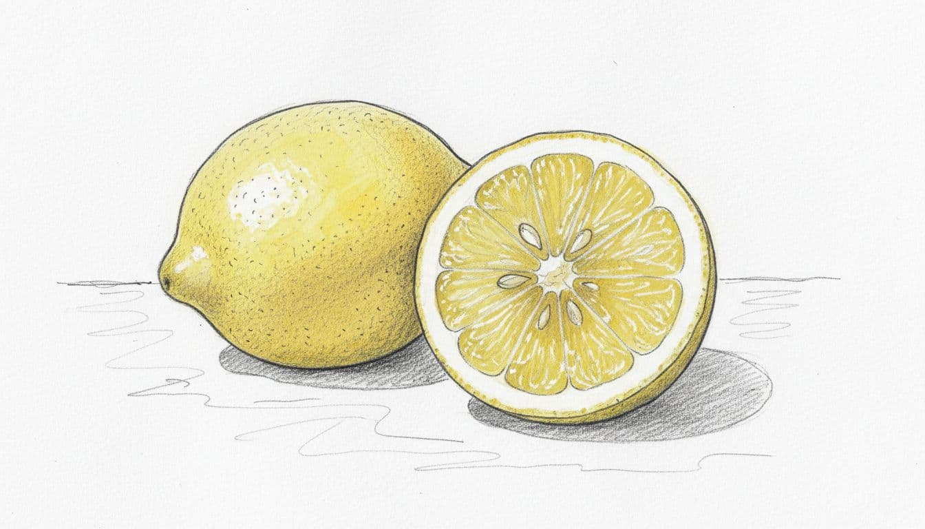 A fresh whole lemon and one sliced in half revealing juicy interior, arranged on a kitchen counter in close-up hand-drawn sketch style with graphite linework and light yellow shading on clean white paper background.