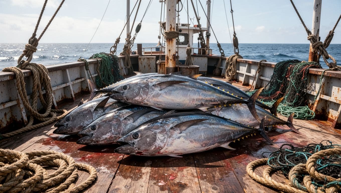 Large bluefin tuna freshly caught and piled on the deck of the fishing boat Wicked Pissah in the North Atlantic, with ocean horizon, scattered ropes and gear, in bright daylight photorealistic style, no people.