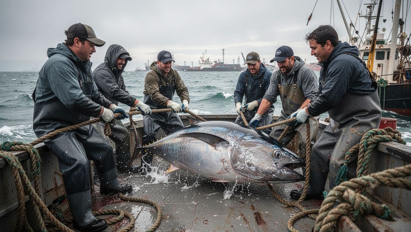 Crew from Wicked Tuna fishing boat hauls a large bluefin tuna over the side in rough seas, Gloucester harbor visible in distance, four men in gear from low angle action shot.