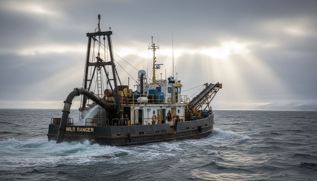 Rugged 65-foot gold dredge boat named Wild Ranger dredging in the icy Bering Sea near Nome, Alaska, with suction hose pulling seabed material amid rough waves and overcast sky.