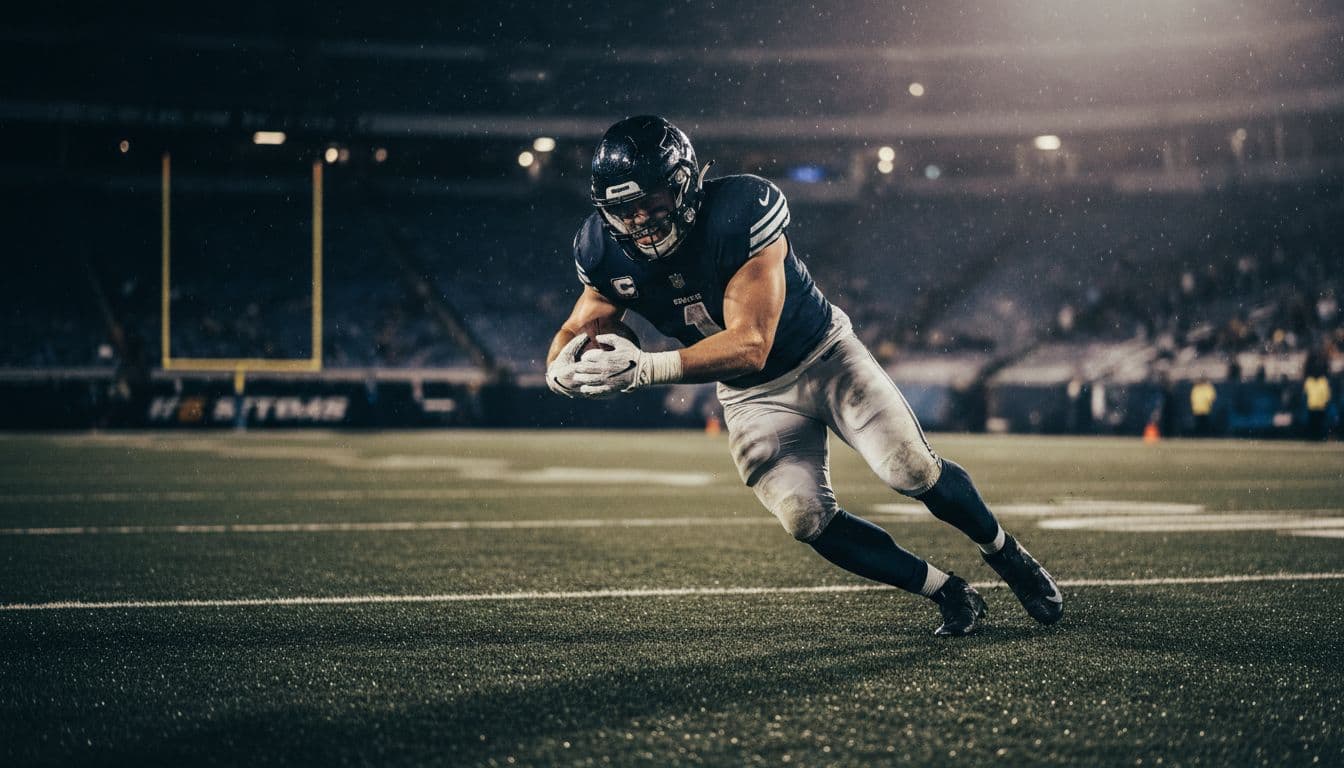Former NFL linebacker Will Compton in dynamic tackling action on a football field during a night game, with stadium lights creating dramatic shadows and cinematic contrast, focusing solely on his intense athletic build.