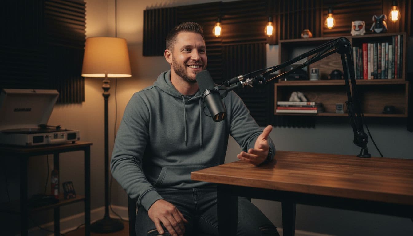 Will Compton co-hosting a podcast in a casual home studio, sitting at a table with a microphone in a relaxed pose, one hand gesturing naturally under warm cinematic lighting.