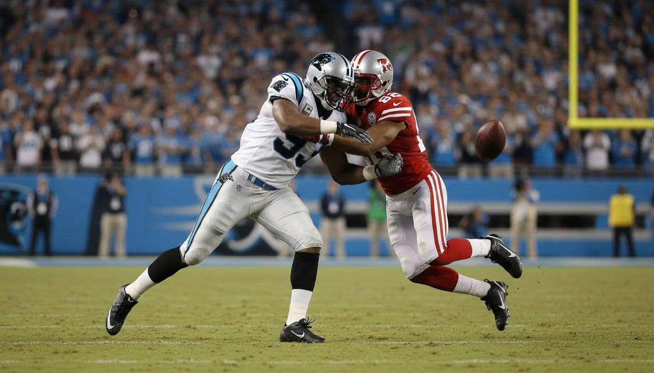 Former NFL linebacker Will Witherspoon in Carolina Panthers uniform tackles a running back on the field in a dynamic, high-energy sports action shot amid a crowded stadium.