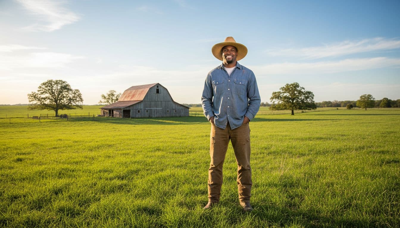 Will Witherspoon stands relaxed on his sustainable Shire Gate Farm, hands in pockets, wearing casual farm clothes, with green fields and barn in the sunny background.