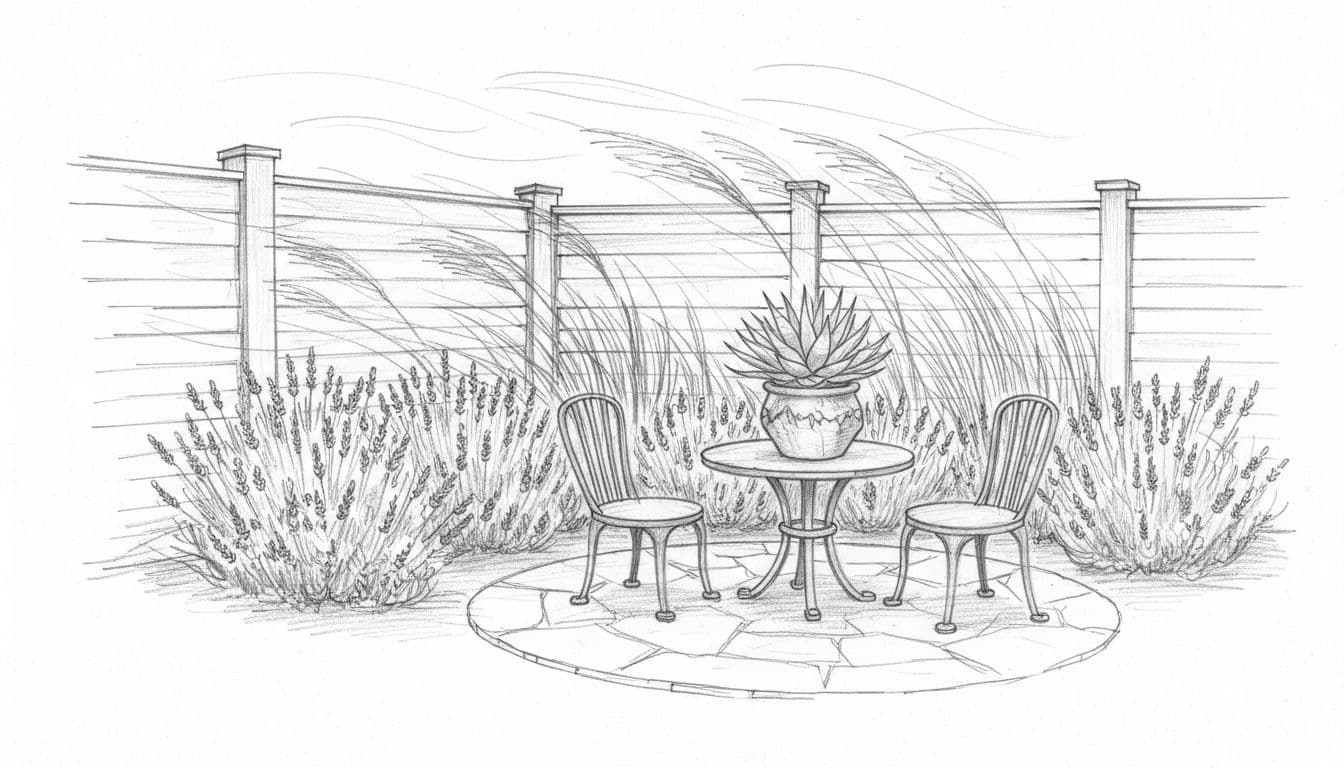 Hand-drawn sketch of a backyard garden designed for windy conditions, featuring sturdy lavender bushes, swaying ornamental grasses, wooden fence, secured patio with anchored chairs and table, and a large potted succulent.