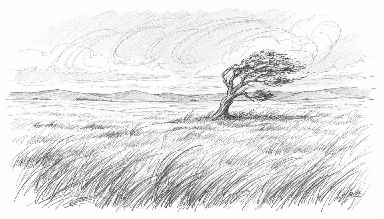 Hand-drawn graphite sketch of vast open windy plains in a Midwest state, featuring tall grasses bending sharply in gusts, swirling wind lines, distant rolling hills, cloudy sky, and one leaning tree.