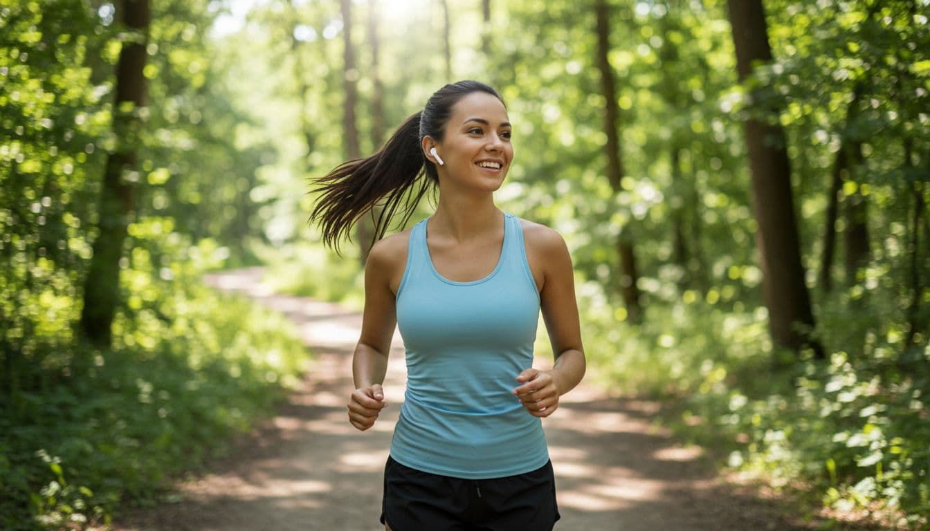 Photorealistic lifestyle image of a smiling person jogging outdoors on a sunny day with wireless earbuds in ears, set in a natural environment with trees and path, focusing on the product.