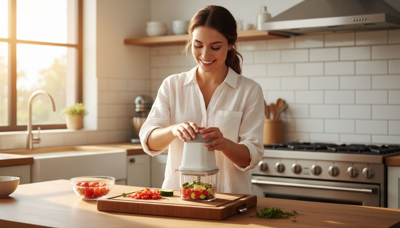 Young woman uses kitchen gadget to chop vegetables on wooden cutting board in sunny kitchen.