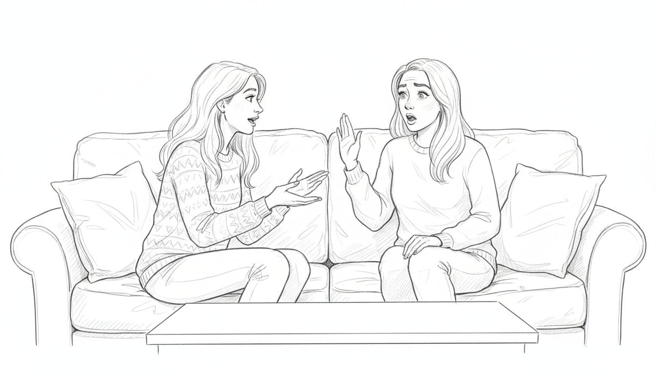 Hand-drawn graphite sketch of two women sitting on a cozy living room couch facing each other; one gestures animatedly while talking, the other interrupts with a raised hand and surprised open-mouthed expression.