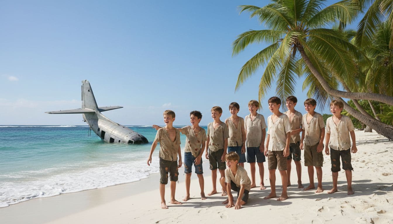 Eight excited young boys aged 10-12 in torn clothes gather on a sunny tropical beach beside a half-buried crashed airplane fuselage, with crashing ocean waves and swaying palm trees, evoking initial adventure on a deserted island.