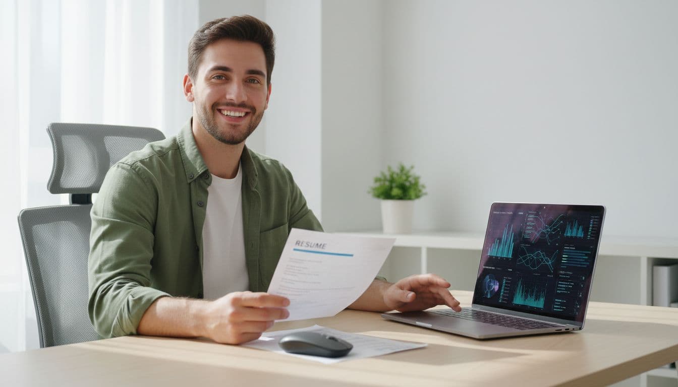 A young job seeker sits at a home desk, holding a printed resume with a confident smile, viewing abstract AI analysis charts on an open laptop screen in a simple modern room lit by natural daylight.