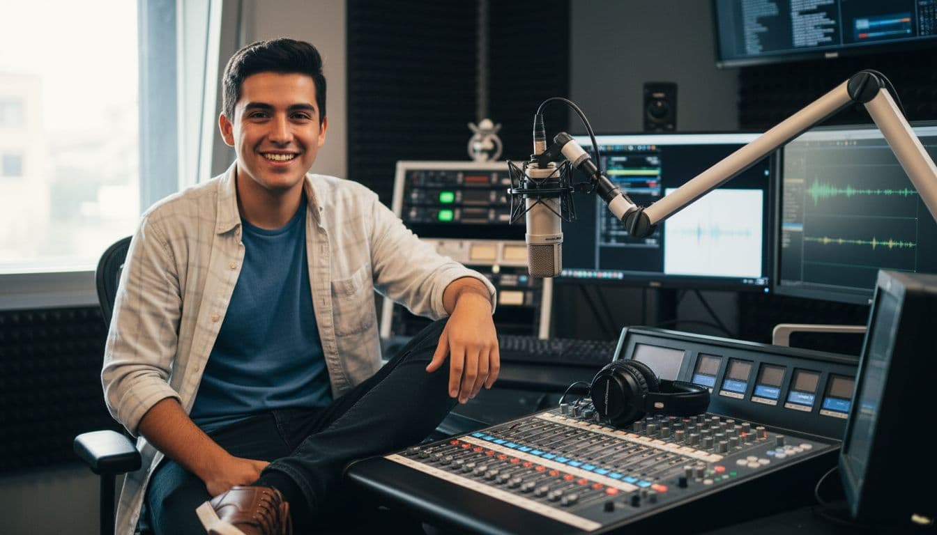 Juan Carlos Razo as a young man in casual clothes, smiling confidently in a modern radio studio with microphone and headphones nearby, blurred console background, natural lighting, realistic photo.