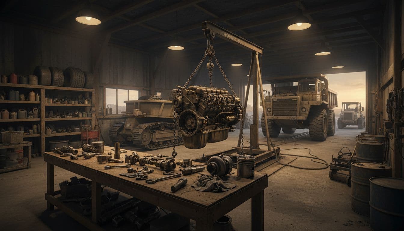 Busy gold mining workshop in Yukon wilderness with mechanic tools and parts scattered on workbench, large truck engine being repaired under bright overhead lights in a cluttered yet organized space.