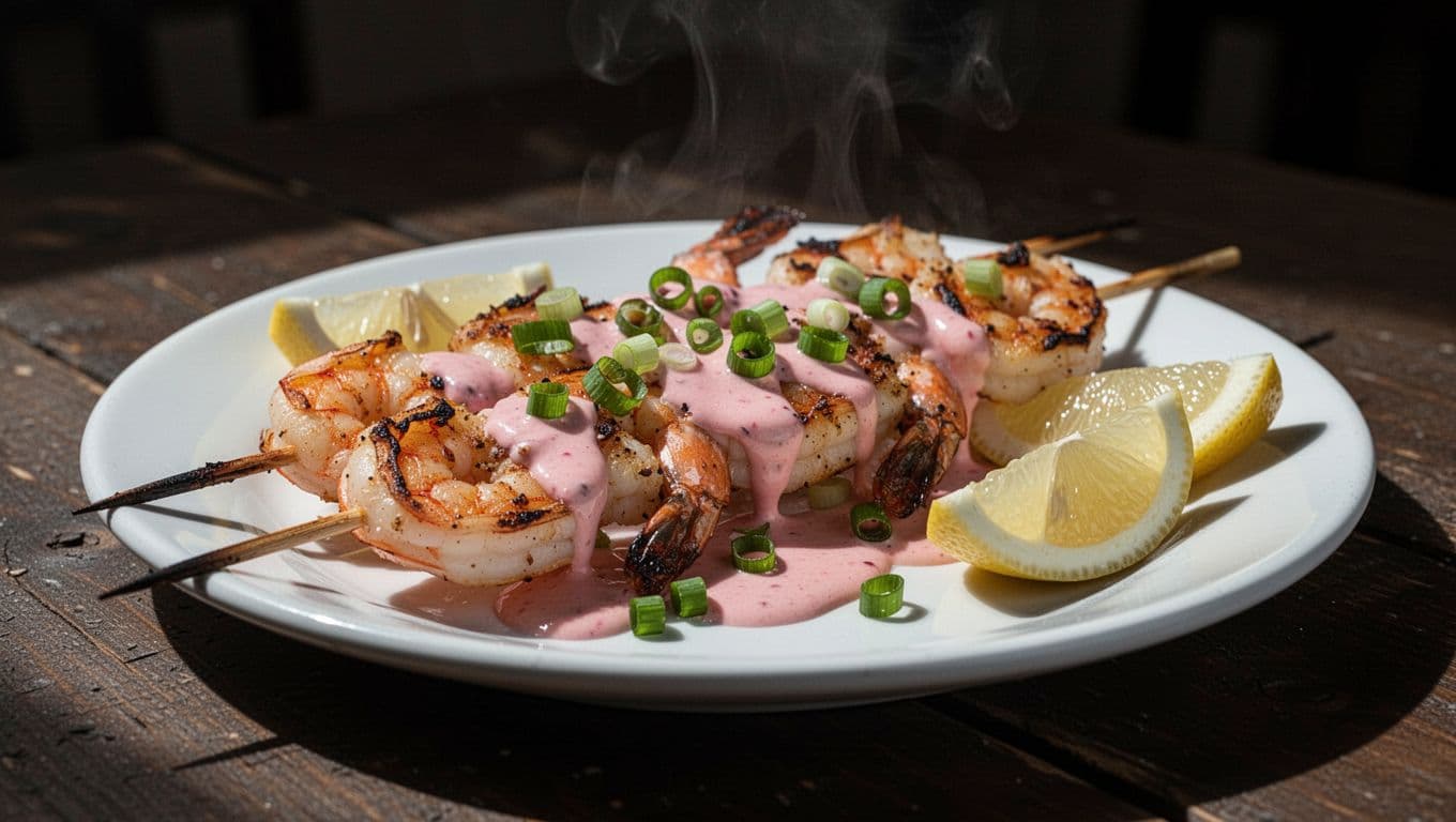 Creamy pink yum yum sauce drizzled over grilled shrimp skewers on a white plate, garnished with chopped green onions and lemon wedges, with subtle steam rising. Side angle composition on a dark wooden table in cinematic style with strong contrast and dramatic lighting.