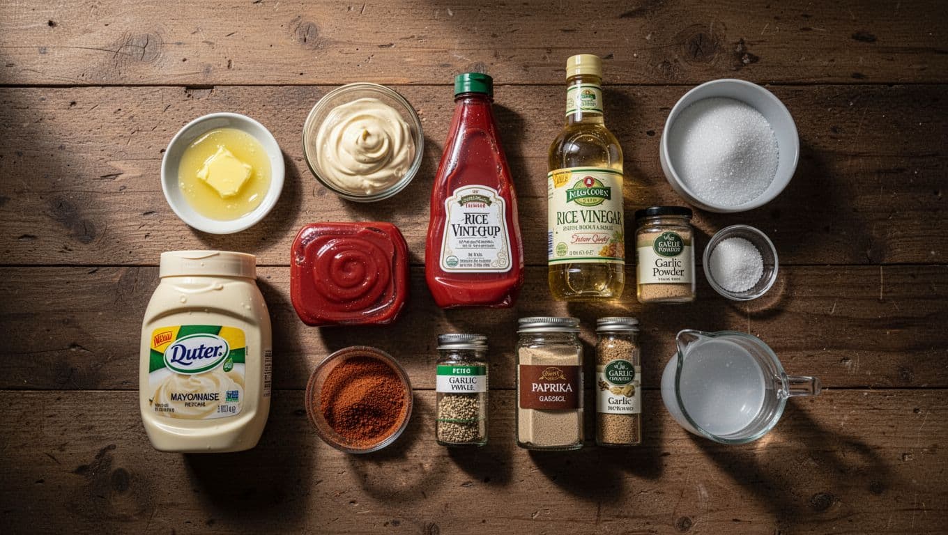 Flat lay arrangement of simple pantry staples like mayonnaise, ketchup, butter, rice vinegar, sugar, paprika, garlic powder, and water for making yum yum sauce on a rustic wooden counter.