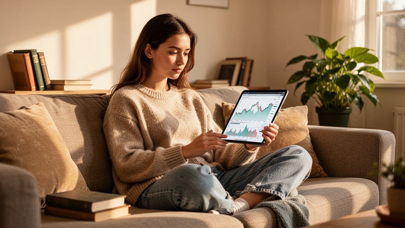 Young woman in comfy clothes sits on couch holding tablet with charts in sunny living room.