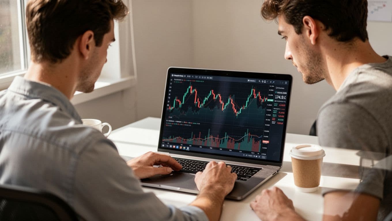 A focused young adult trader at a clean desk with laptop open to forex charts showing a small account balance, coffee cup nearby, under soft natural window light in realistic photography style.