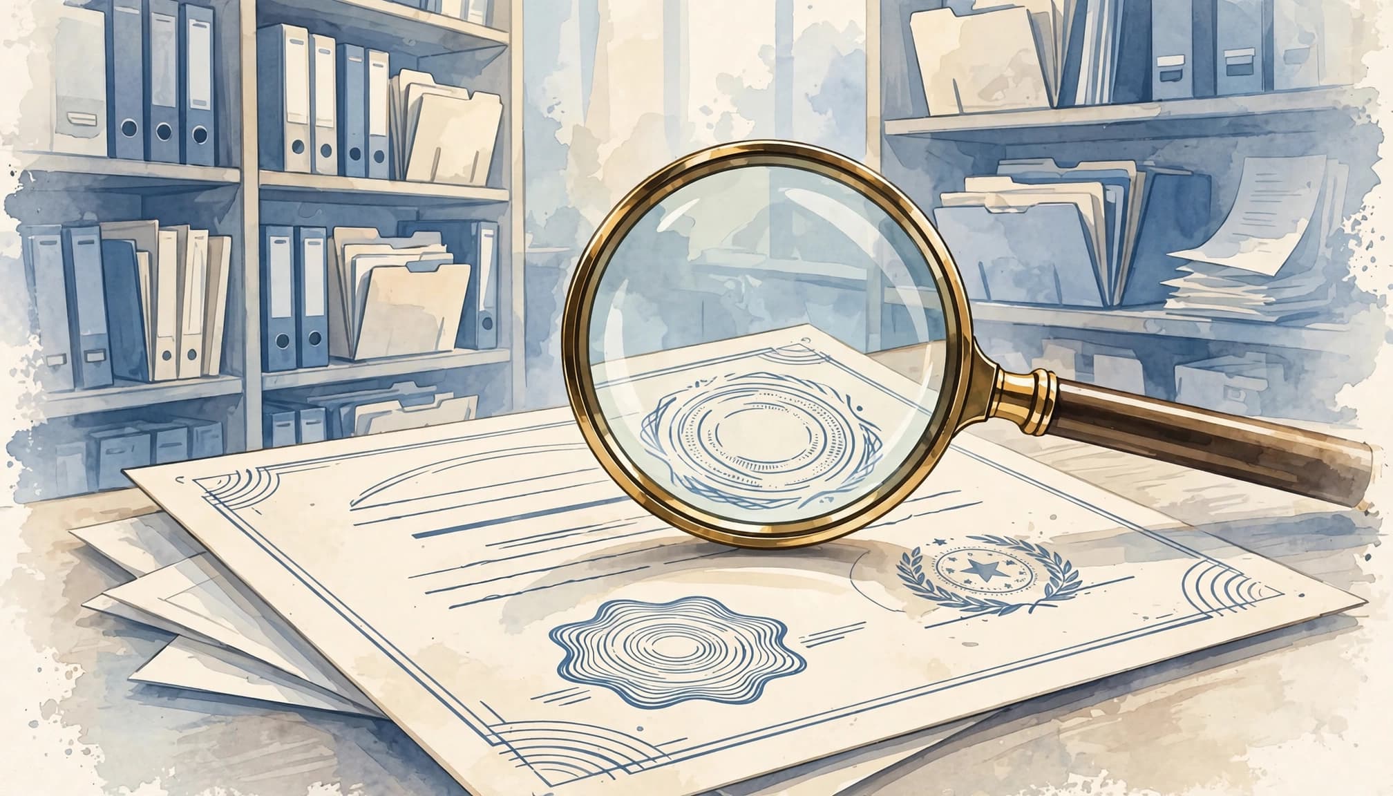 A magnifying glass hovers over a document with abstract seals in front of shelves of folders.