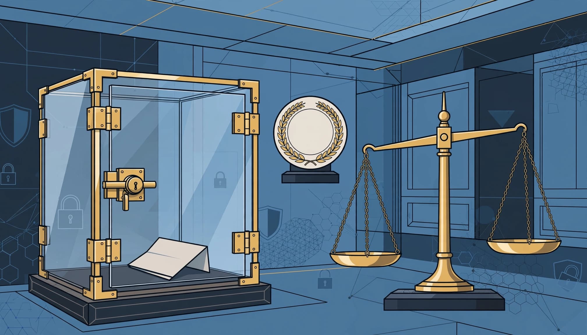 A glass vault containing a document, a blank seal icon, and a brass scales of justice on a blue background.