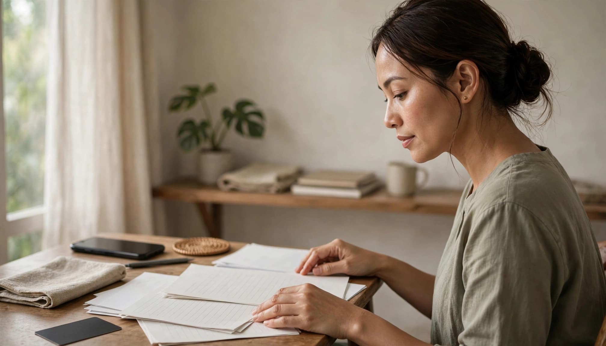 A woman reviews documents at a wooden table in a well-lit room.