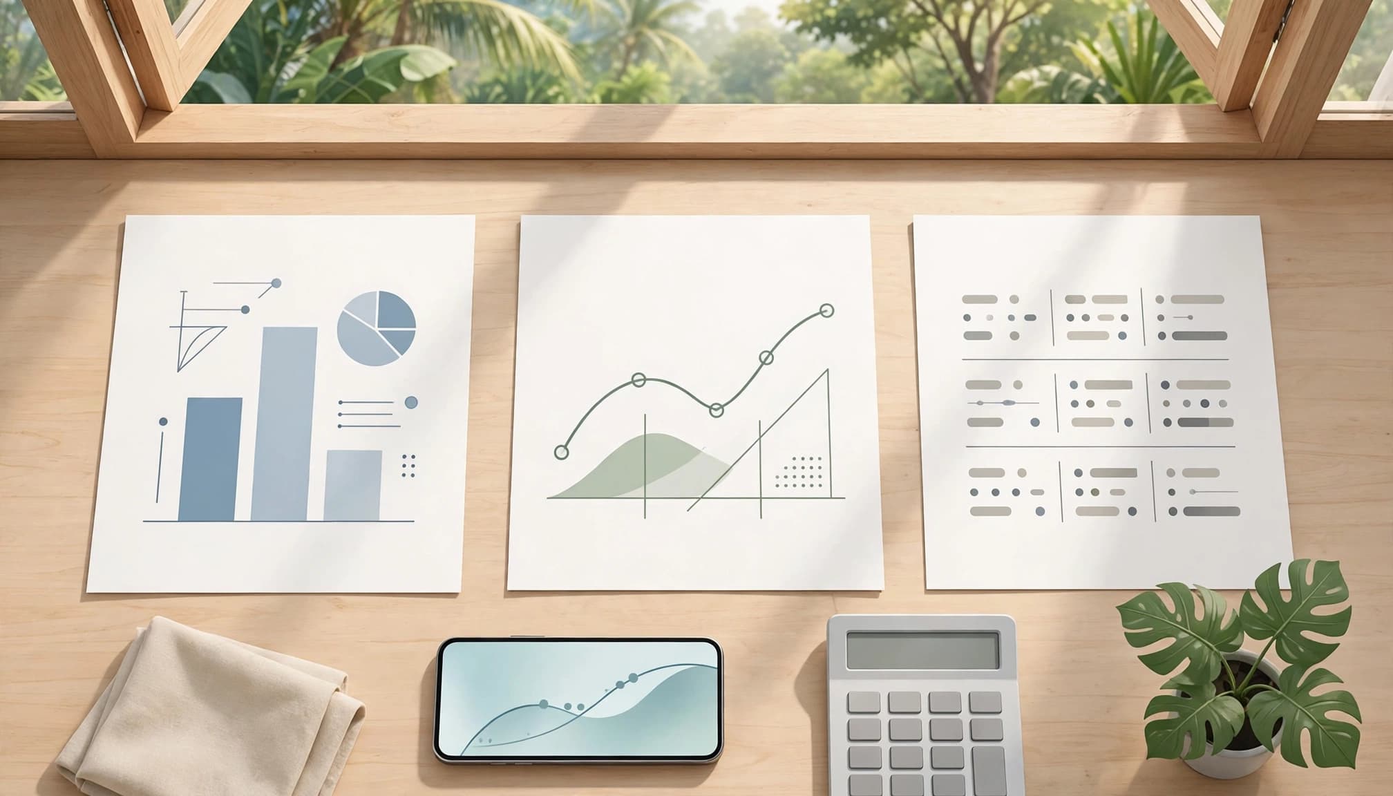 A wooden desk displays financial charts on paper, a smartphone, a calculator, and a small potted plant.