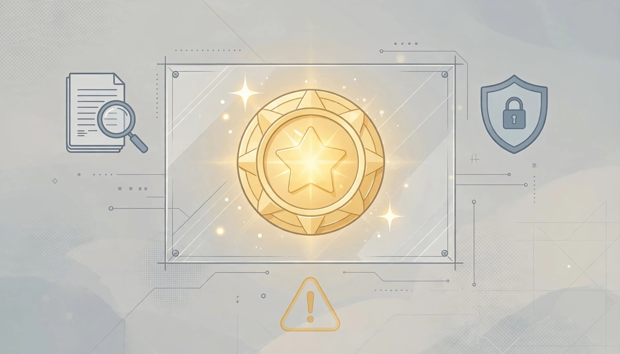 A glowing golden star coin behind a transparent barrier with fine print, shield, and caution icons.