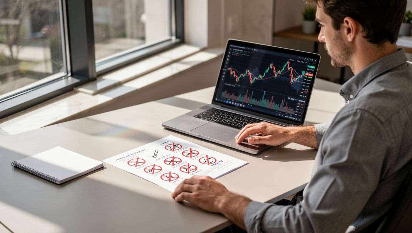 Cautious solo trader in modern home office leans back from laptop with abstract charts, examining printed rules sheet featuring crossed-out icons of banned strategies like hedging and bots, notepad nearby, natural window light, realistic style.