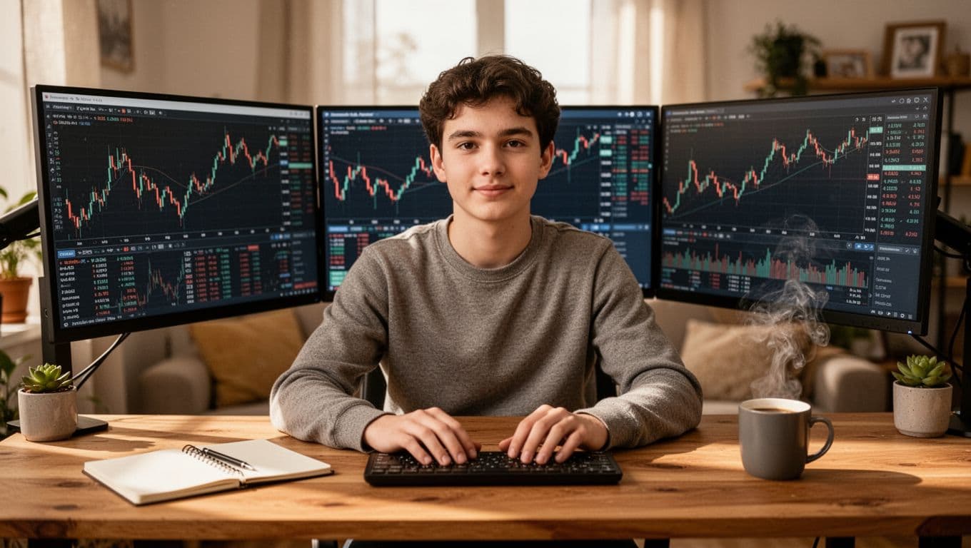 A young beginner trader sits confidently at a desk with dual monitors displaying forex charts, notebook and coffee nearby, in a cozy home office with soft natural lighting.
