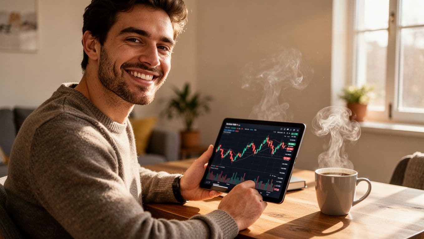 Mid-20s trader smiles confidently at trading chart on tablet held relaxed in cozy home with coffee mug.