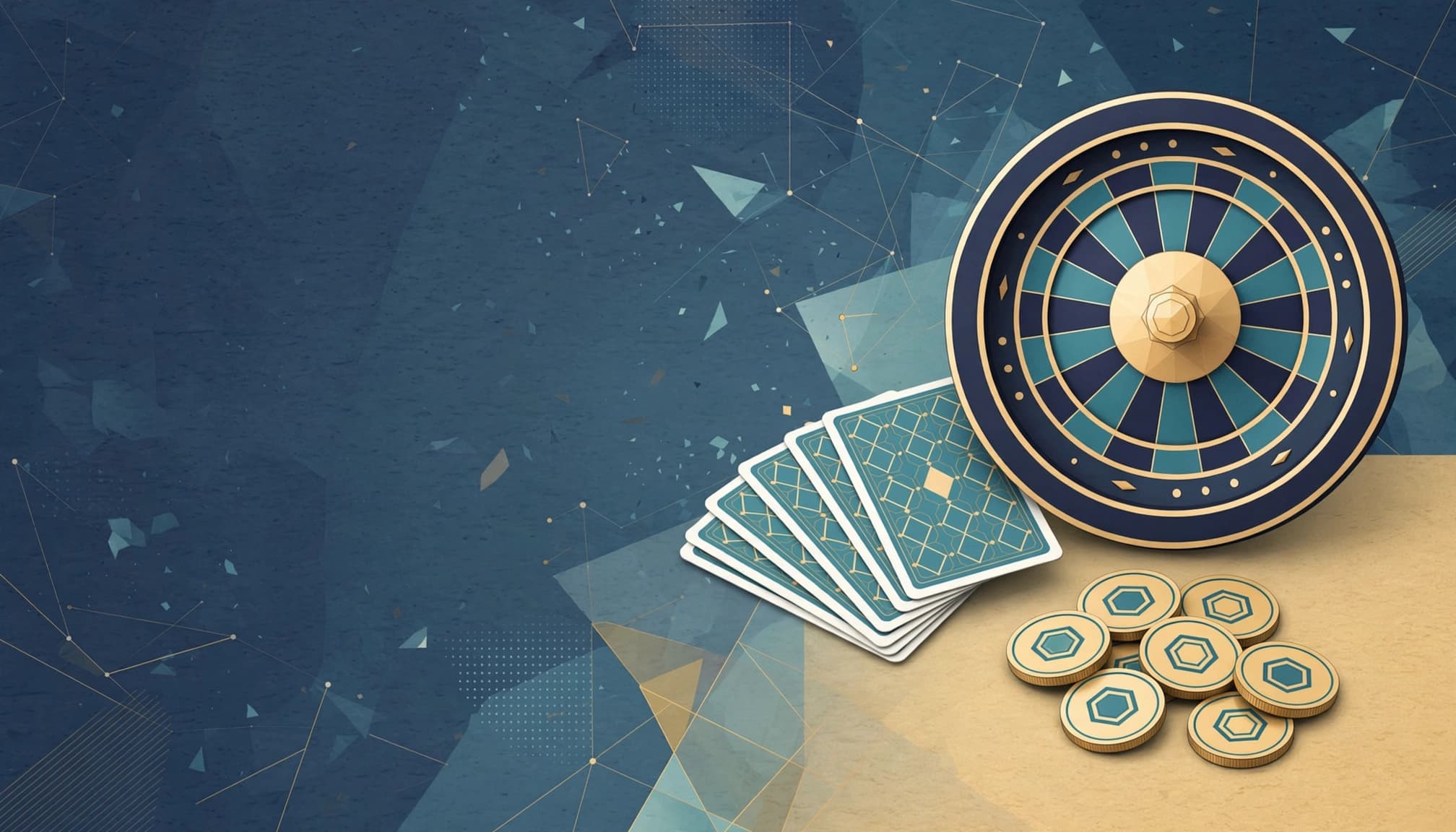 An illustration of a casino roulette wheel, playing cards, and tokens on a blue and gold background.