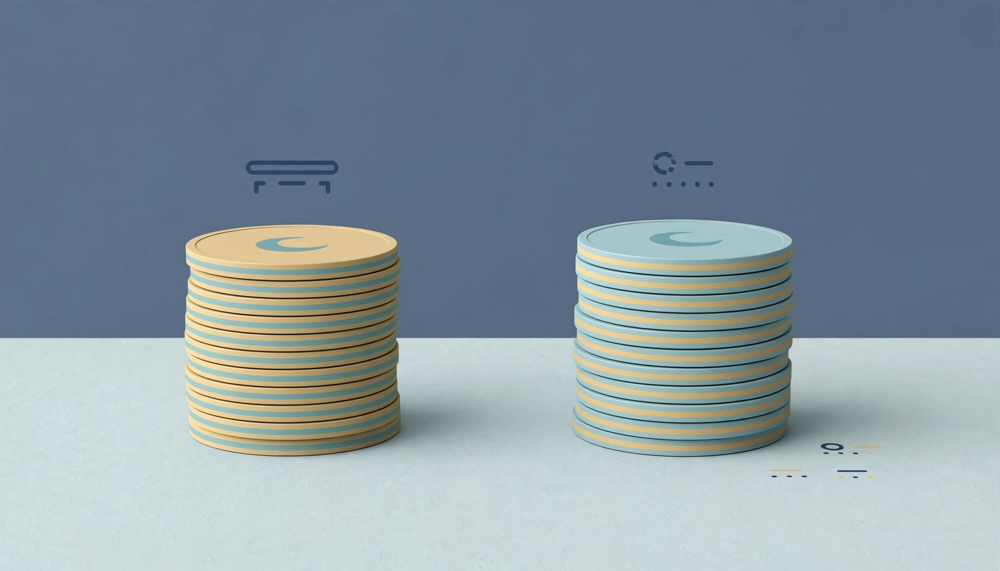 Two distinct stacks of unbranded tokens with neutral symbols on a minimalist tabletop.