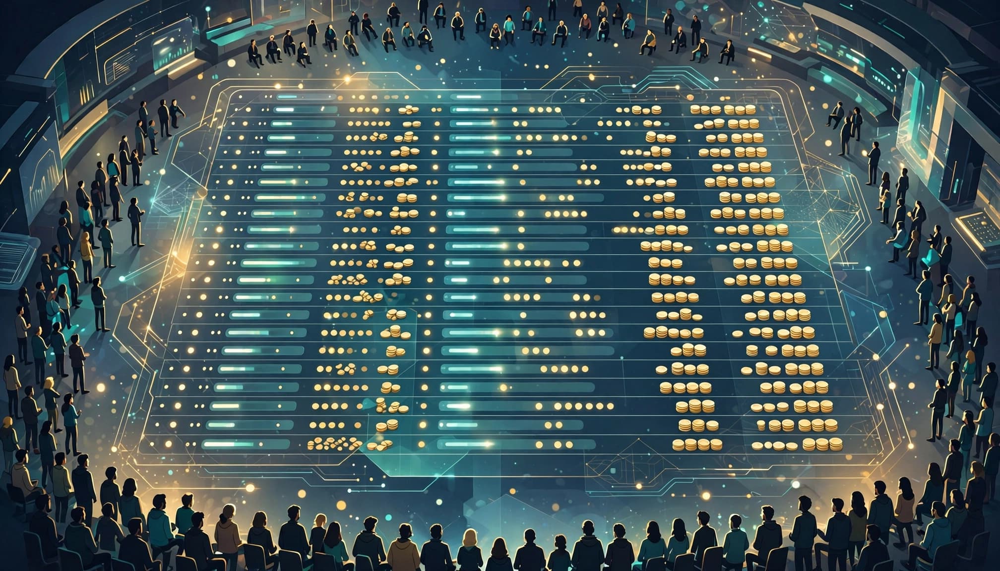An abstract digital leaderboard in an arena surrounded by glowing avatar silhouettes.