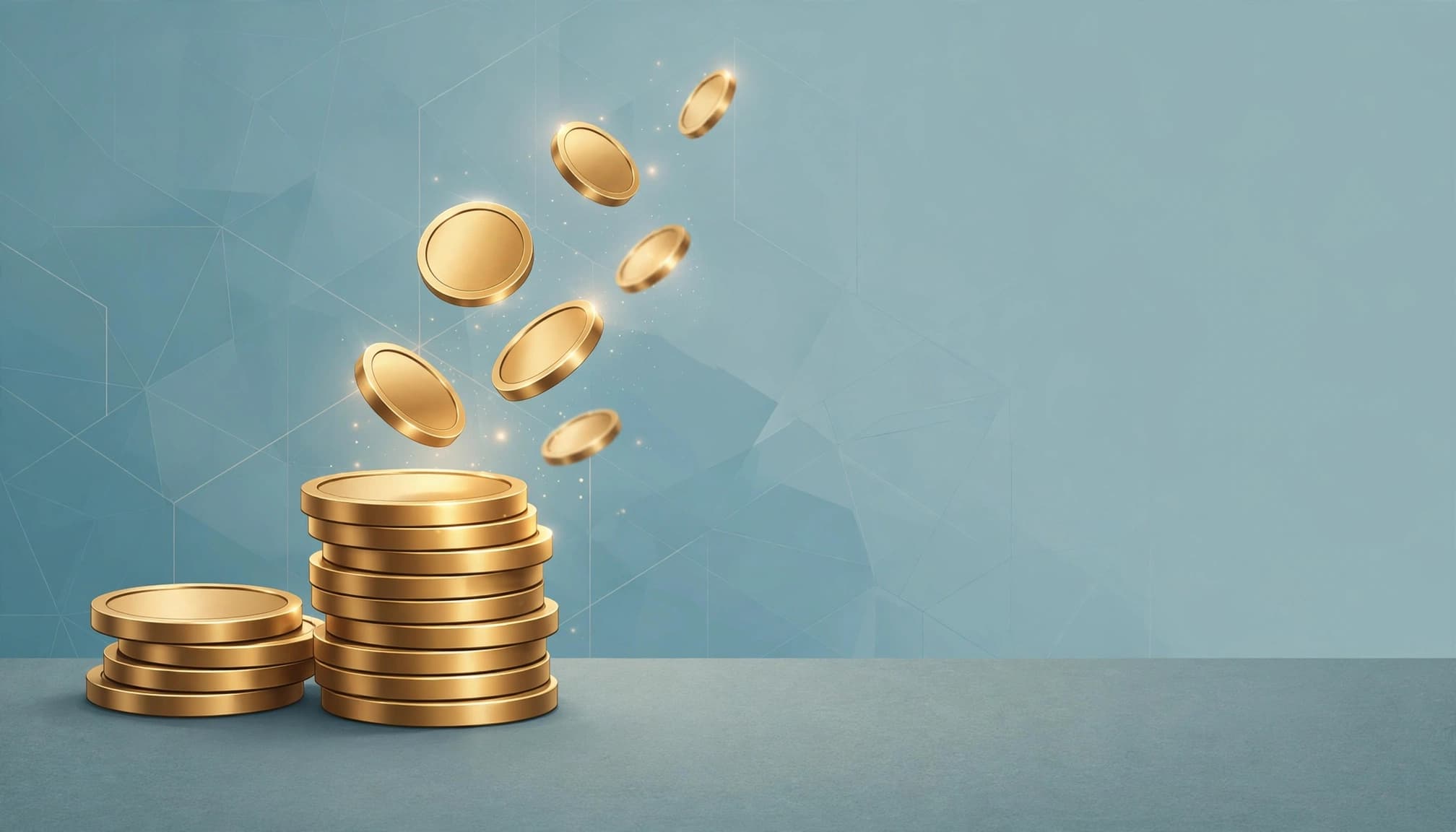 Stacks of gold metallic tokens on a table with floating tokens above.