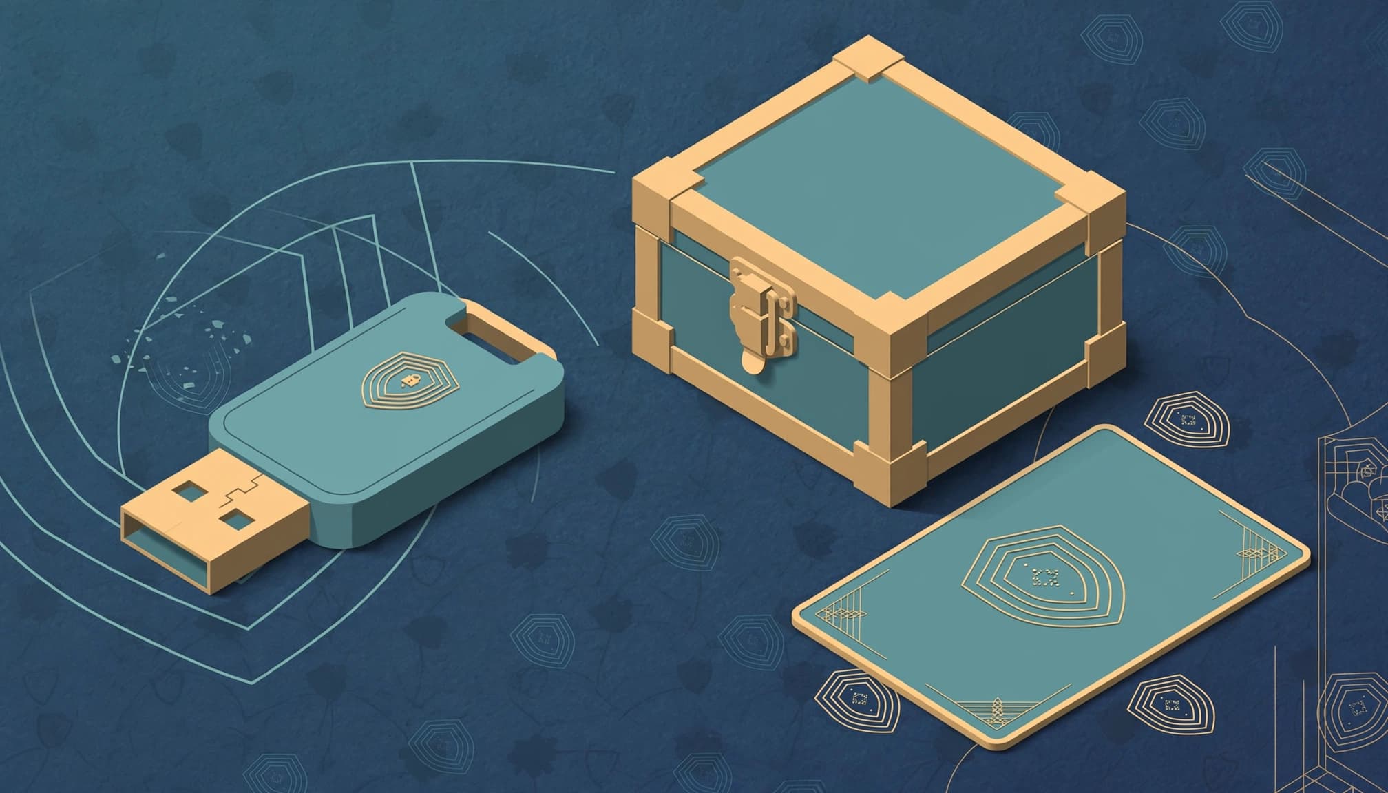 An illustration of a hardware security key, a storage box, and a wallet card.