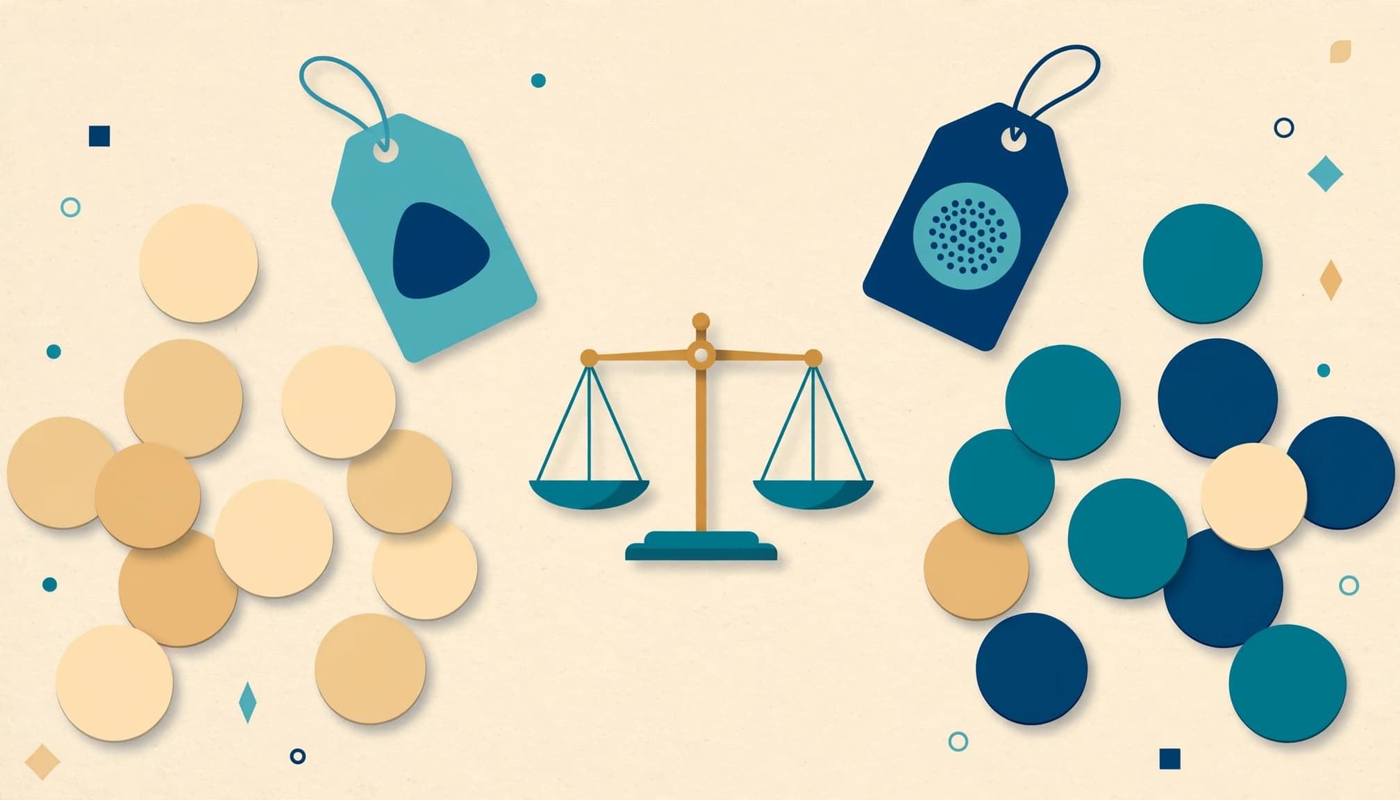A balance scale, coin tokens, and abstract price tags on a cream background.