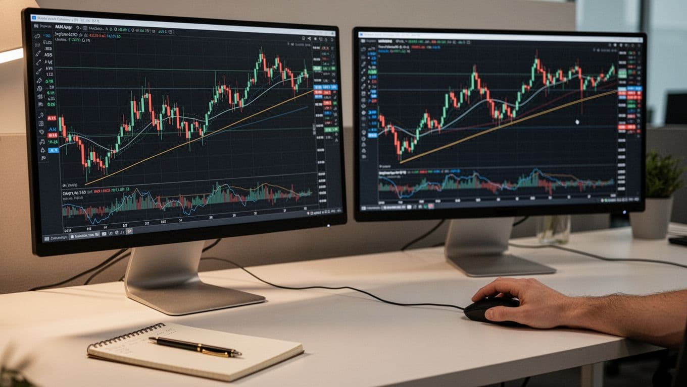 Dual monitors on a desk show candlestick forex charts with trend lines; one person's hands adjust the mouse near a notepad and pen.