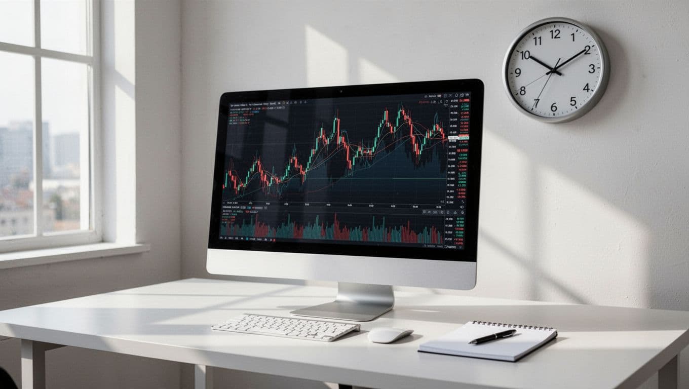 Professional trading desk with computer screen showing forex charts at an angle, no readable text, wall clock indicating time pressure, notepad and pen on desk, modern office with window light, realistic photo, no people or extra objects.