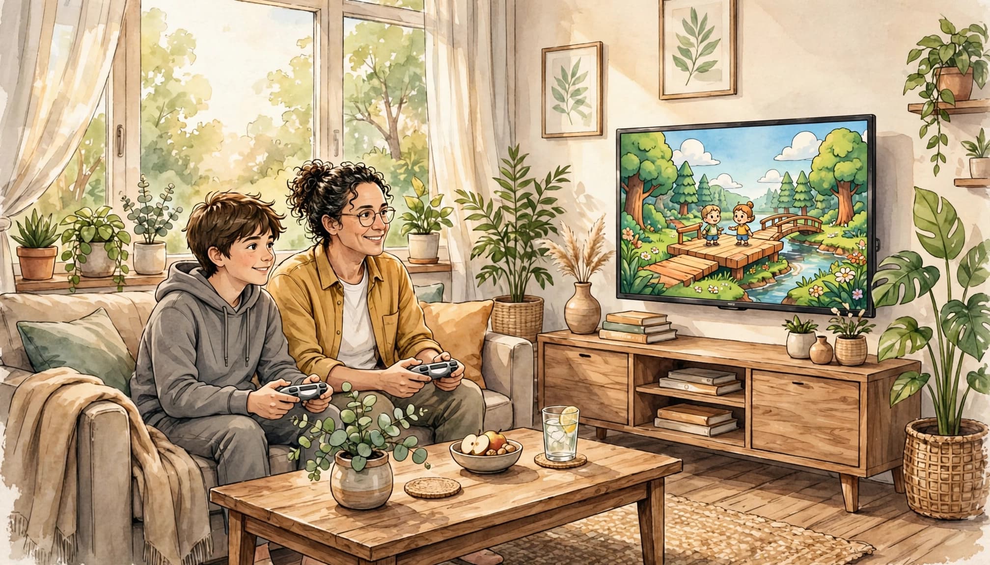 A teenager and an adult sitting on a sofa and playing a video game on a TV.