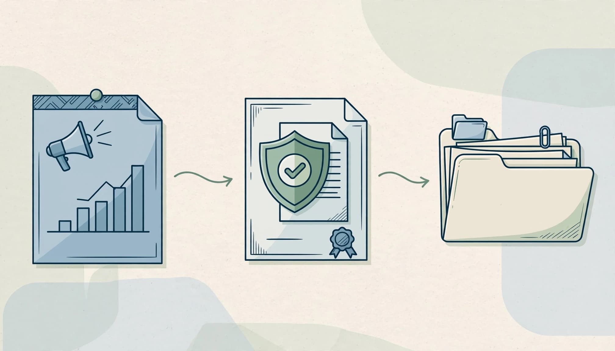 An illustration showing a document with a chart, a shield document, and a file folder in a sequence.
